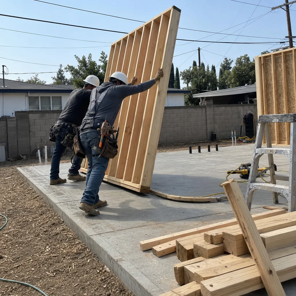 Professional construction workers lifting a wooden wall frame for ADU assembly