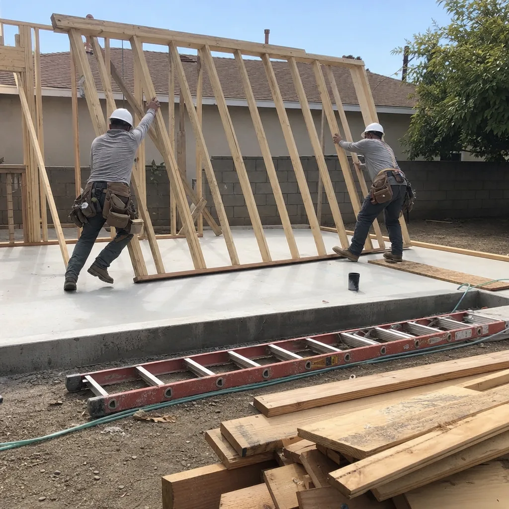Two construction workers installing a pre-framed wall for an ADU project