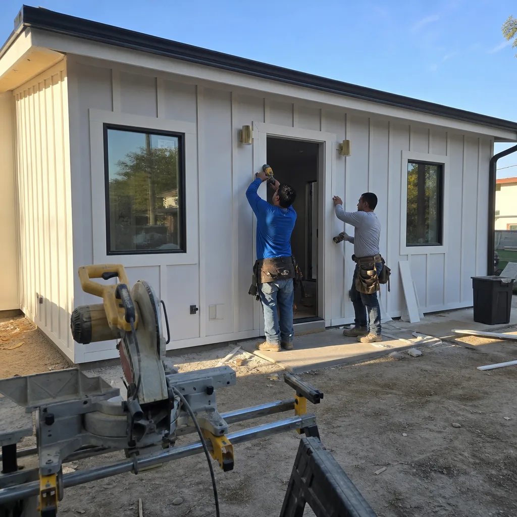 Two construction workers installing trim on the exterior of an ADU