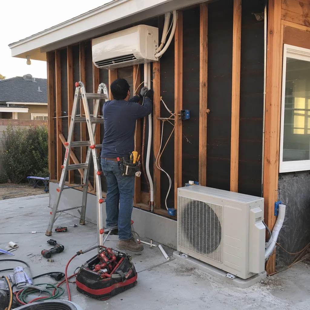 Contractor installing mini-split HVAC system during professional garage conversion project