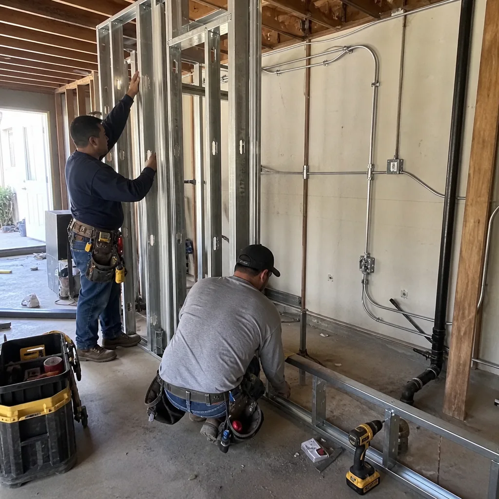 Two contractors installing metal wall framing during a garage conversion project