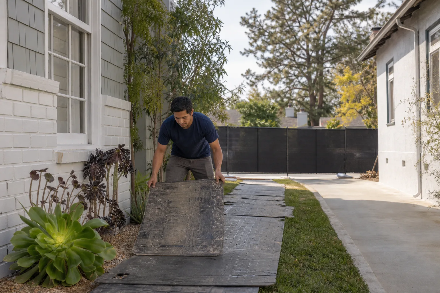 A worker protecting the lawn before an ADU build starts